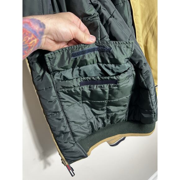 VTG 90s Tommy Hilfiger Reversible Bomber Jacket Tan Green L/XL Puffer Coat Y2K - Picture 15 of 16